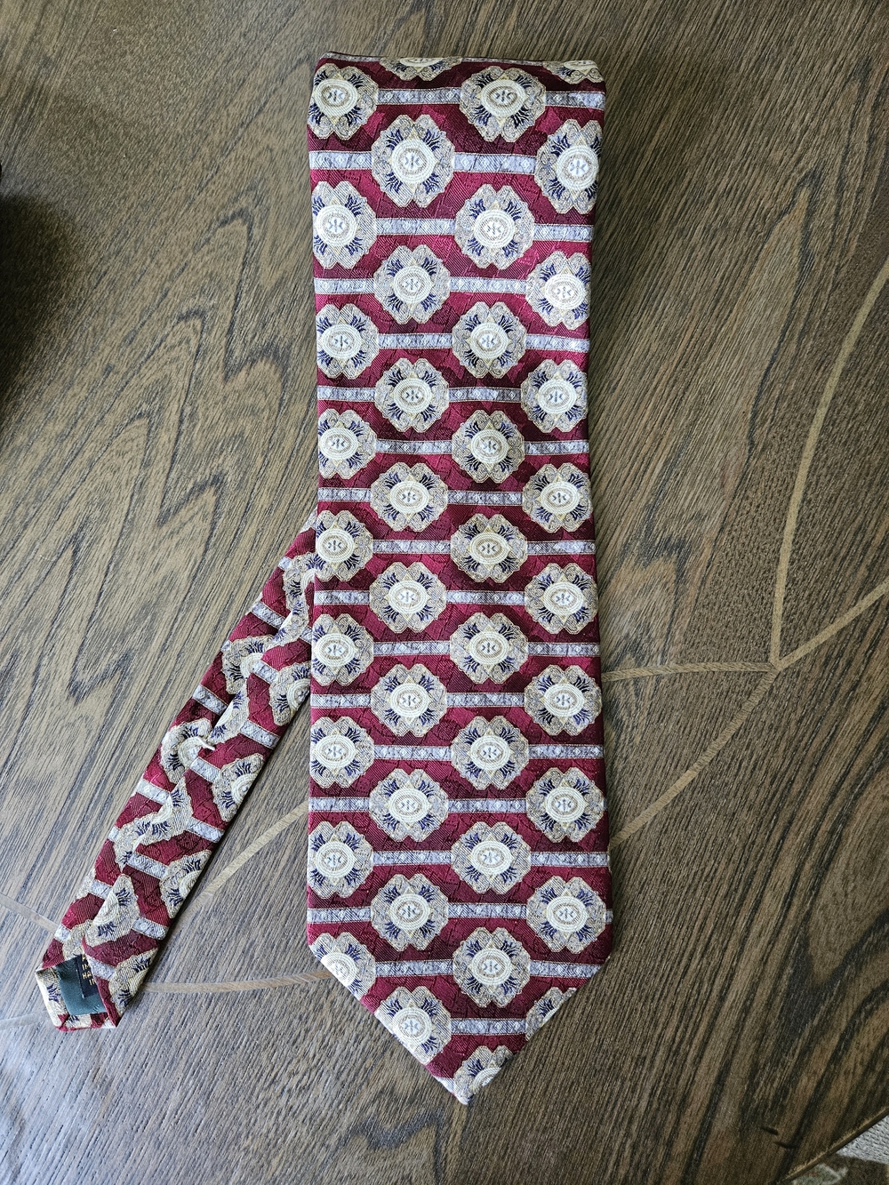 Burgundy and Cream Geometric Men's Silk-Blend Tie